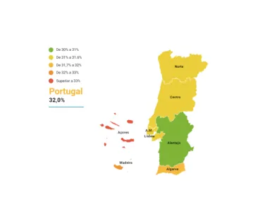 Imagem de um mapa de portugal com os dados do rendimento e da desigualdade