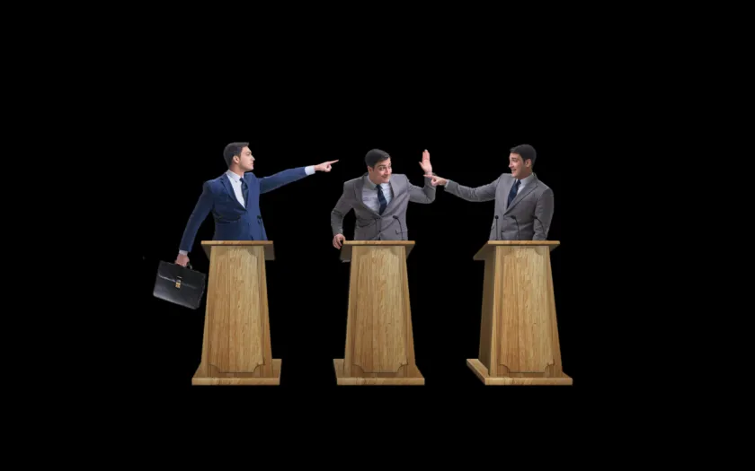 Imagem de tr~es líderes políticos em confronto