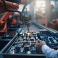 Imagem de um engenheiro a controlar um robô numa fábrica