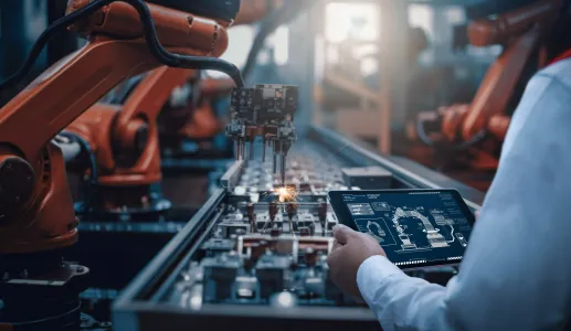 Imagem de um engenheiro a controlar um robô numa fábrica