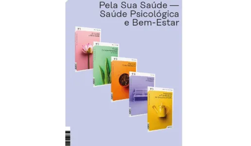 Imagem com as capas dos cinco livros da coleção «Pela Sua Saúde - Saúde Psicológica e Bem-Estar»