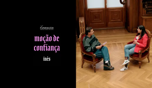 Imagem de Guilherme Geirinhas com Inês Sousa Real, durante as gravações da rúbrica «Moção de Confiança»
