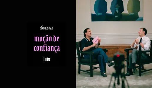 Imagem de Guilherme Geirinhas e de Luís Montenegro, durante a gravação da rúbrica «Moção de Confiança»