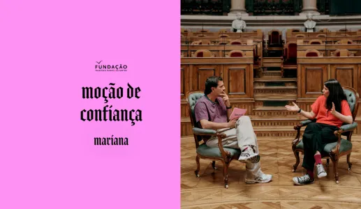 Imagem de Guilherme Geirinhas com Mariana Mortágua, durante a gravação da rúbrica Moção da Confiança