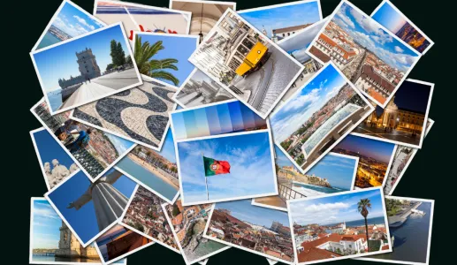 Imagem de vários postais turísticos de paisagens, ruas e monumentos nacionais promovendo o turismo em Portugal. Crédito Canva