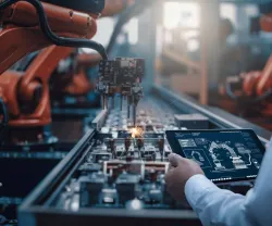 Imagem de um engenheiro a controlar um robô numa fábrica